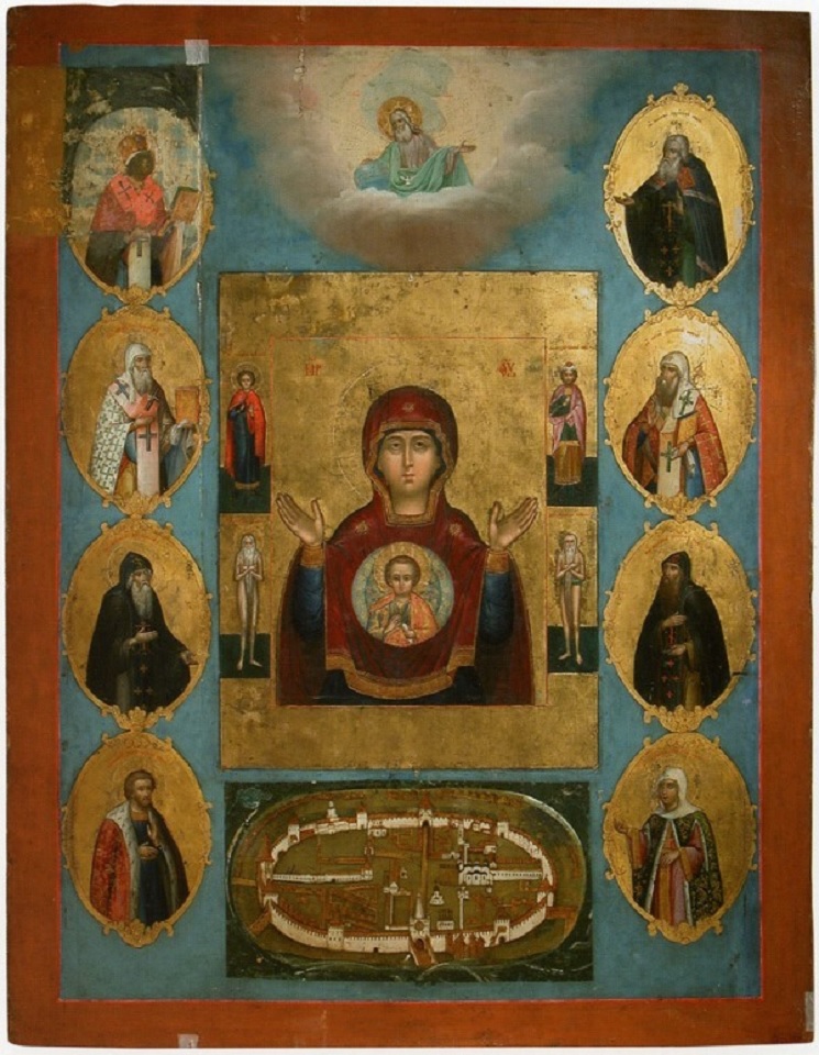 Богоматерь Знамение с избранными святыми и изображением новгородского кремля
