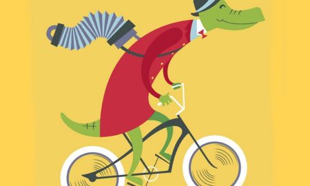 Крокодил Гена едет на работу на велосипеде