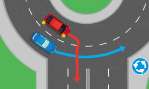 Иллюстрация к задаче по ПДД, изображающая съезд с кольцевого перекрестка