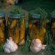 Pickles in the jar on the table with fresh garlic and dill as a decor