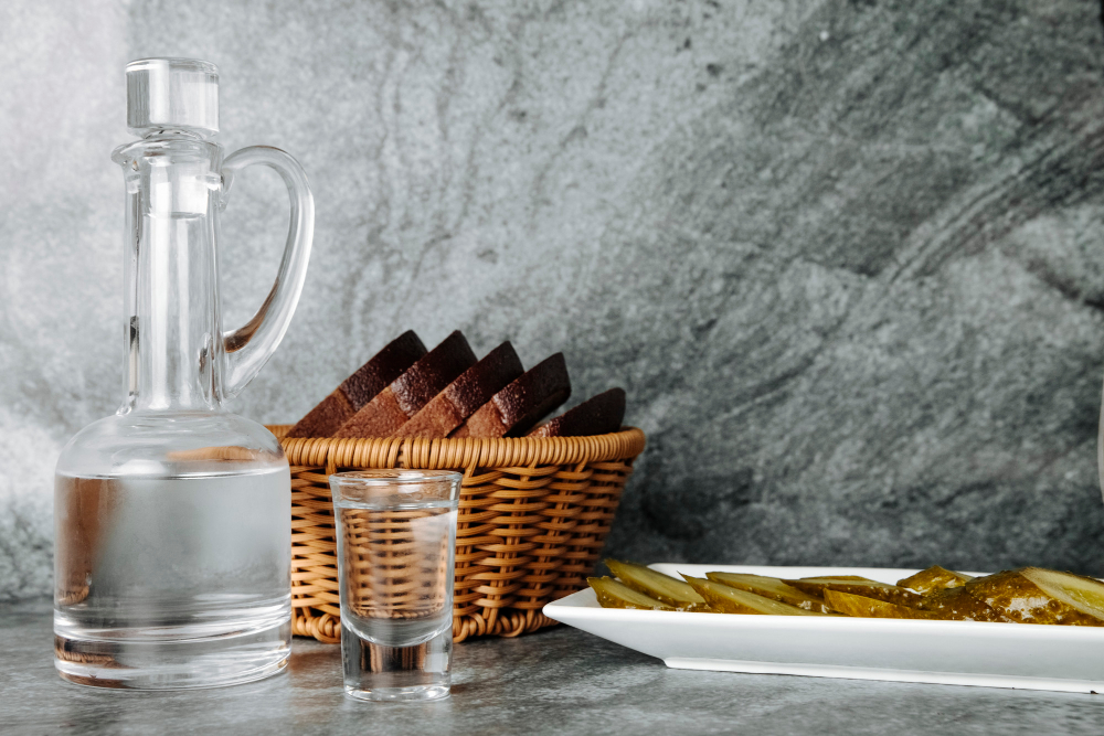 Алкоголь, хлеб и огурец на столе