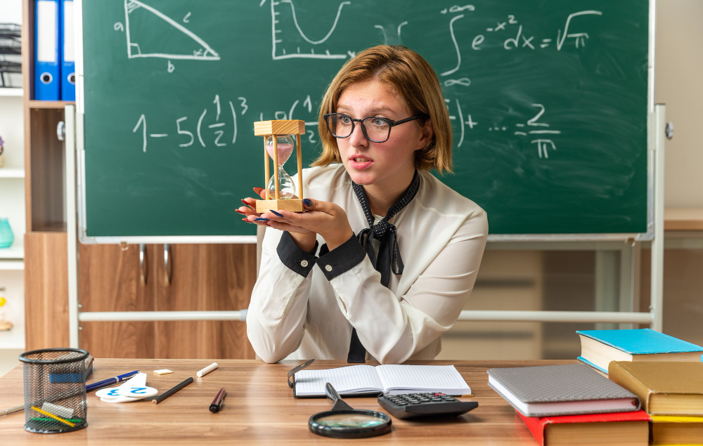 Девушка сидит на уроке по математике или физике