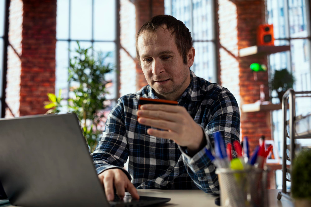 Мужчина сидит за компьютером