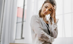 Сосредоточенная девушка стоит у окна