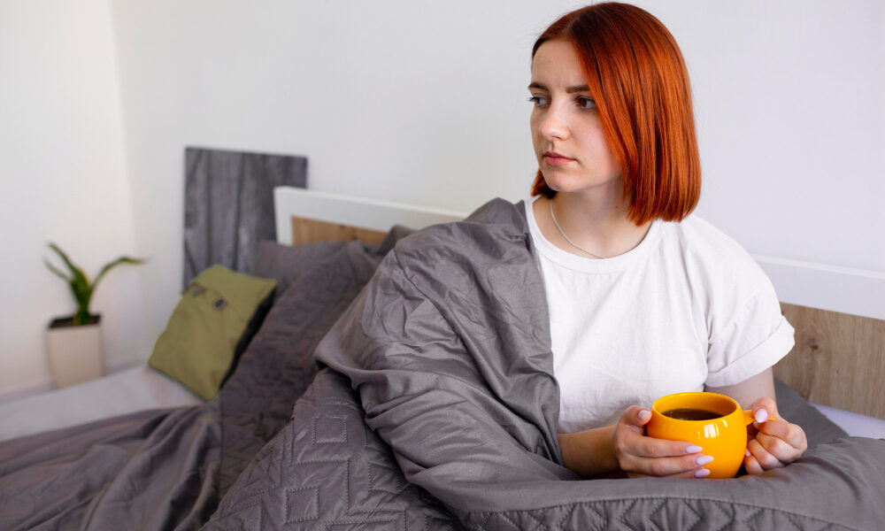 Девушка проснулась утром и выглядит очень тревожно