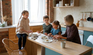 Семья готовит за столом