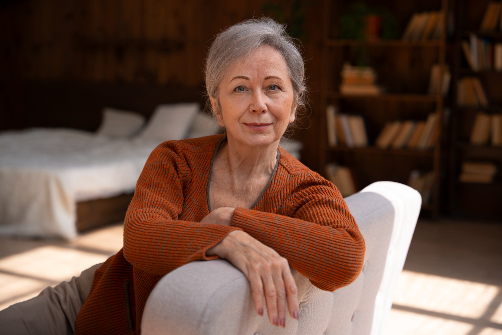 Пожилая женщина сидит на диване