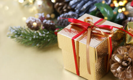 Новогодний подарок в окружении ёлки