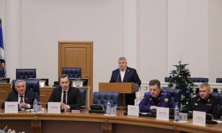 Губернатор Новгородской области выступает на заседании.