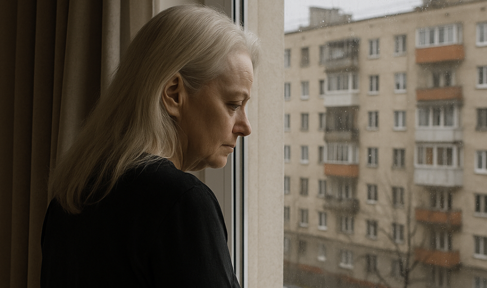 Лариса Долина смотрит в окно многоэтажки