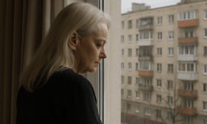 Лариса Долина смотрит в окно многоэтажки