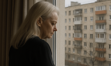 Лариса Долина смотрит в окно многоэтажки