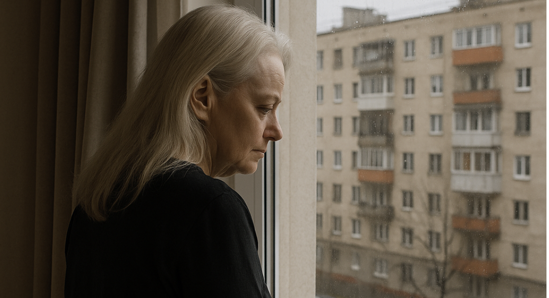 Лариса Долина смотрит в окно многоэтажки