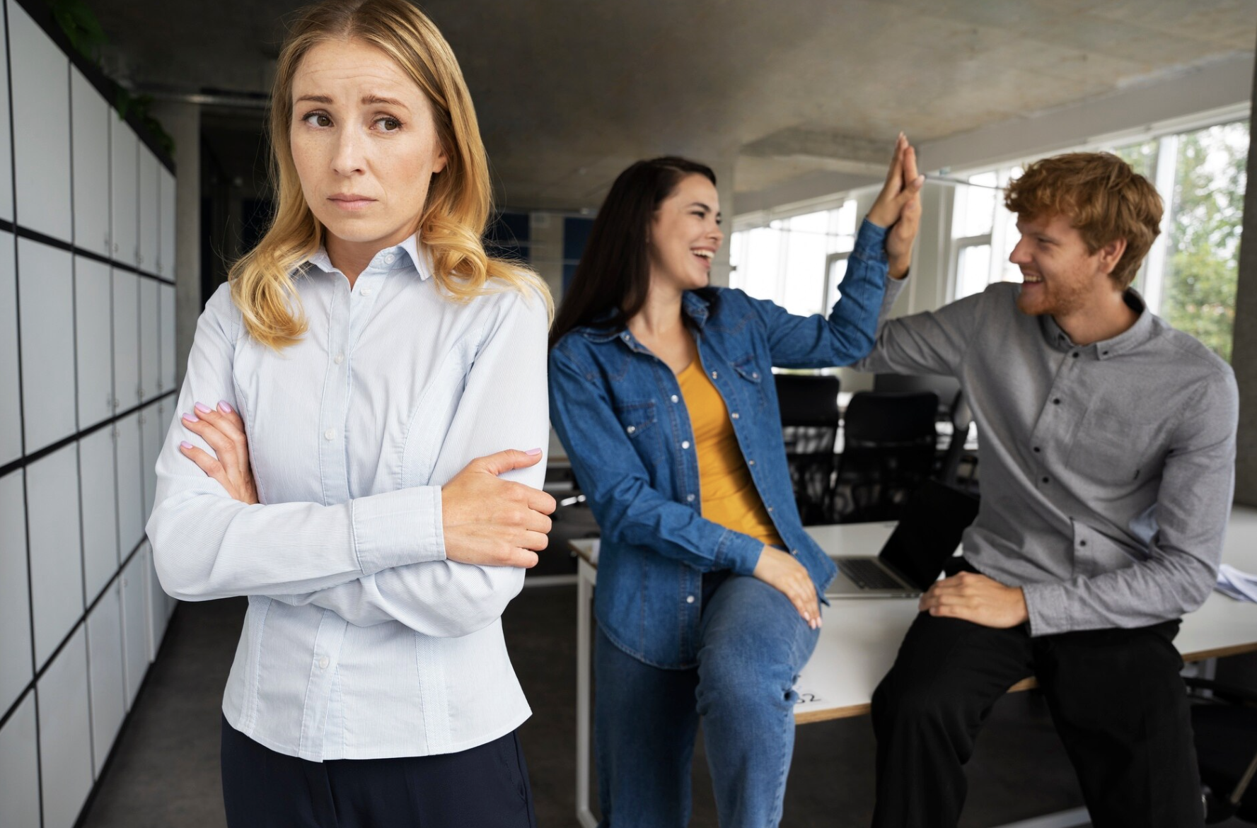 Расстроенная девушка и радостные люди.