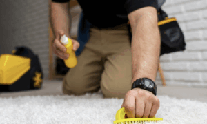 мужчина чистит ковёр
