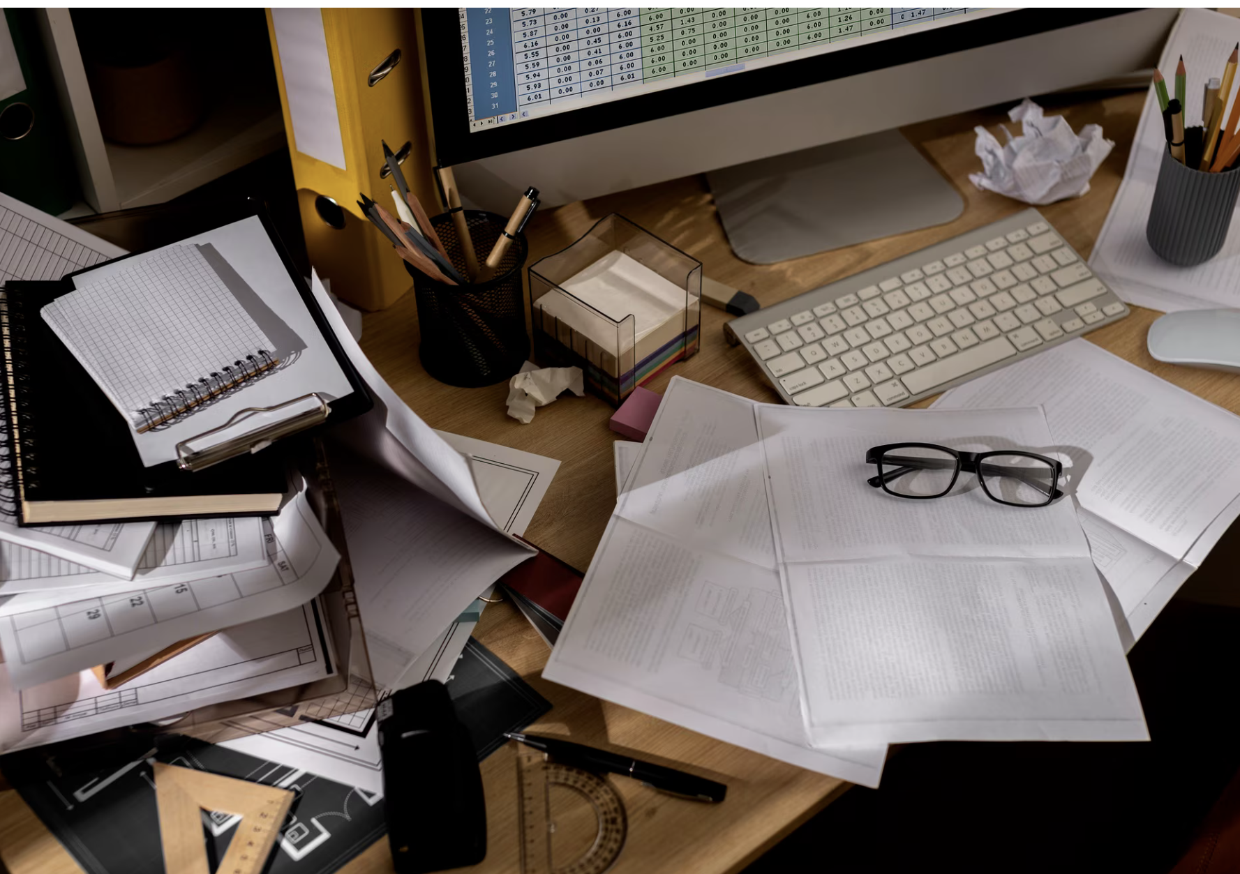 Рабочий стол, на котором есть разные канцелярские принадлежности и бумага