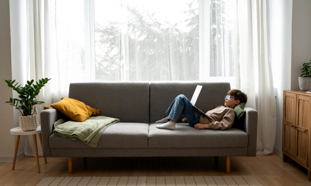 Ребёнок лежит на диване с компьютером