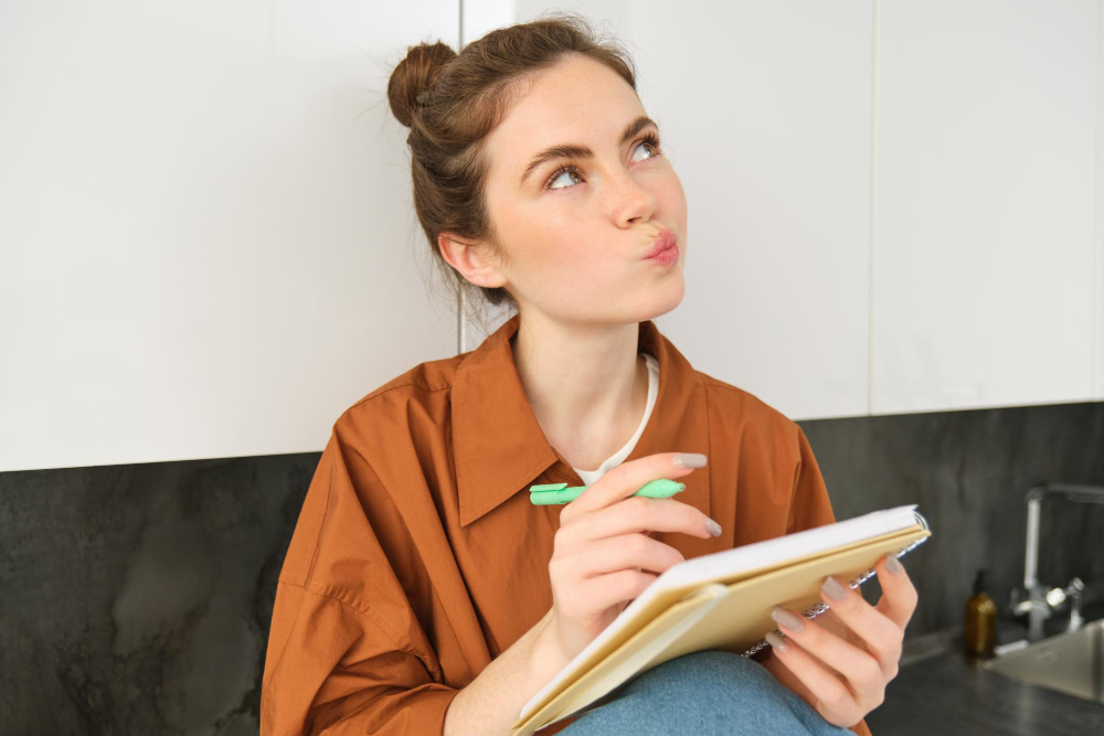 Женщина с блокнотом сидит на кухне