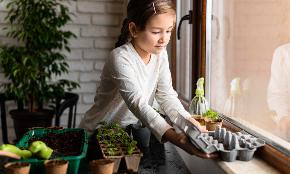 Ребёнок ухаживает за рассадой