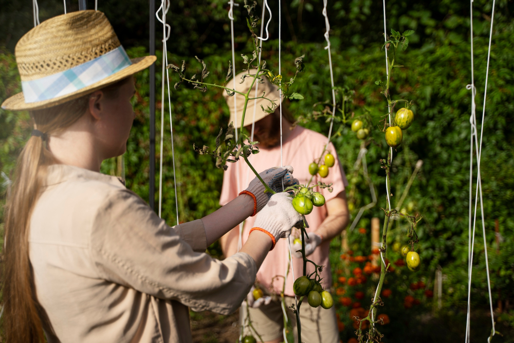 Дачники подвязывают помидоры