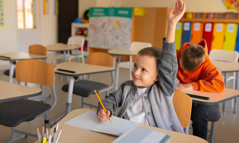 школьник внимательно слушает задание на уроке