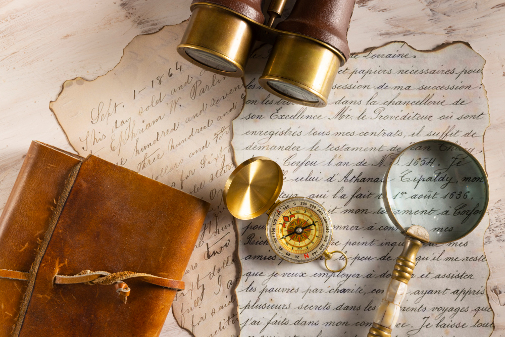 на фоне карты бинокль, компас, лупа и блокнот