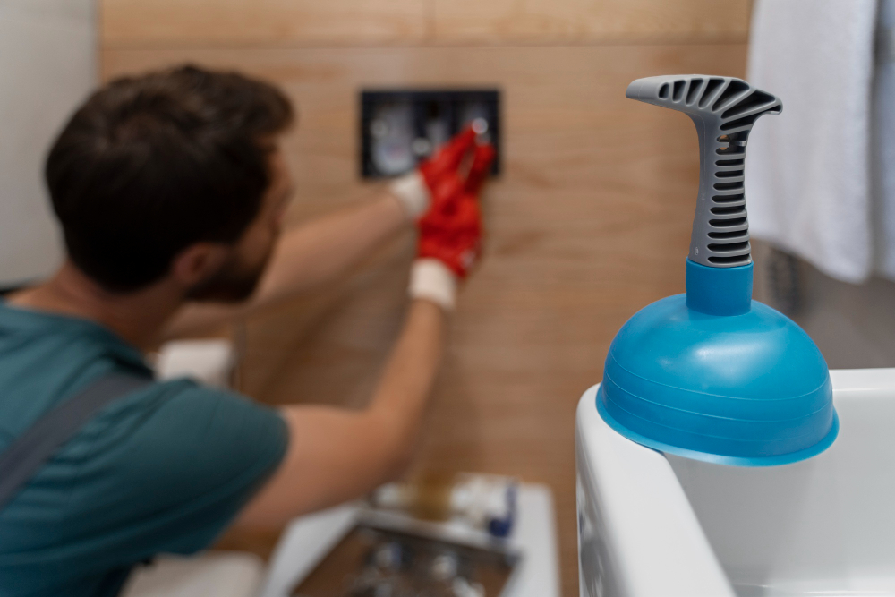 Сантехник работает в ванной