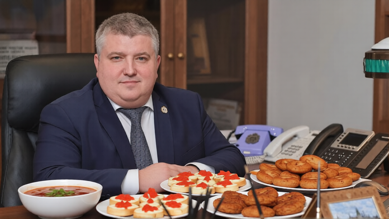 Губернатор Новгородской области Александр Дронов в окружении еды.