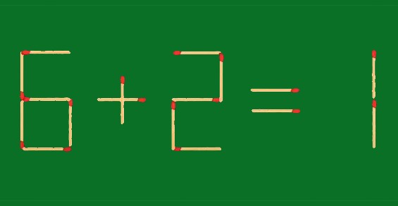 пример из спичек "6+2=1" на зелёном фоне