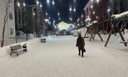 Зимний ночной ландшафт маленького города