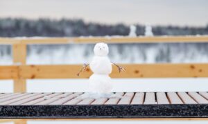 снеговик стоит на лавке