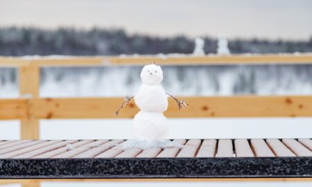 снеговик стоит на лавке