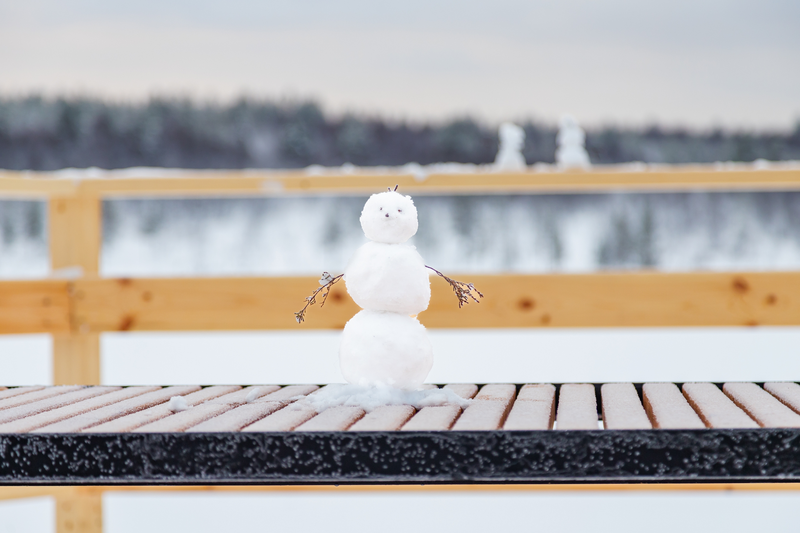 снеговик стоит на лавке
