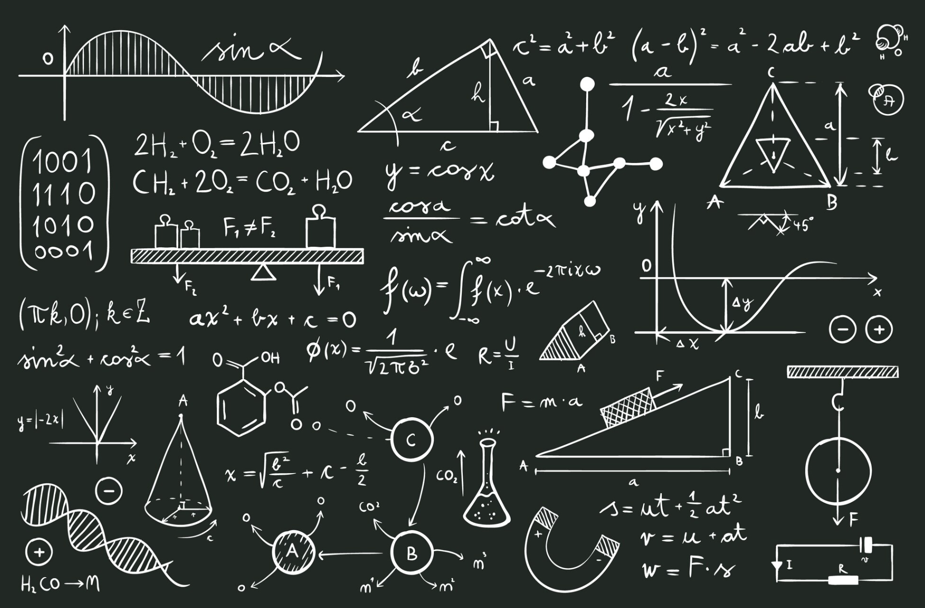разные математические формулы написаны на доске