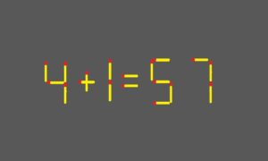 Головоломка из спичек 4+1=57 на сером фоне