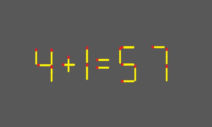 Головоломка из спичек 4+1=57 на сером фоне