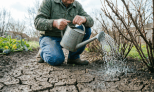 Садовник поливает кусты смородины