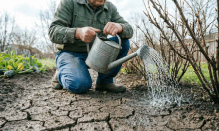 Садовник поливает кусты смородины
