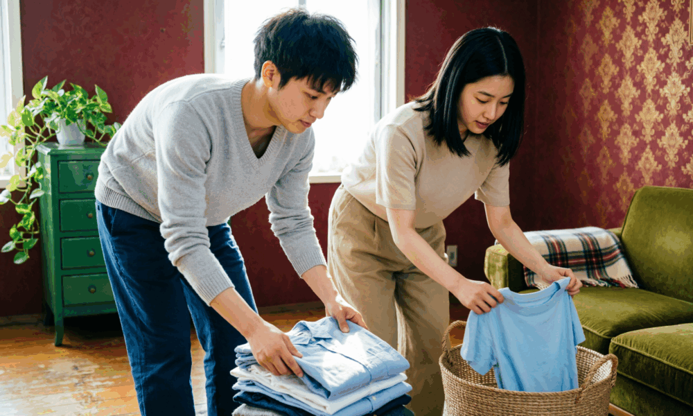 Японцы складывают вещи в советской квартире