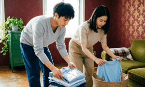 Японцы складывают вещи в советской квартире