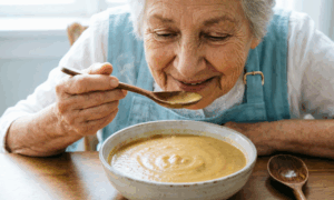 Бабушка кушает овощной суп-пюре.