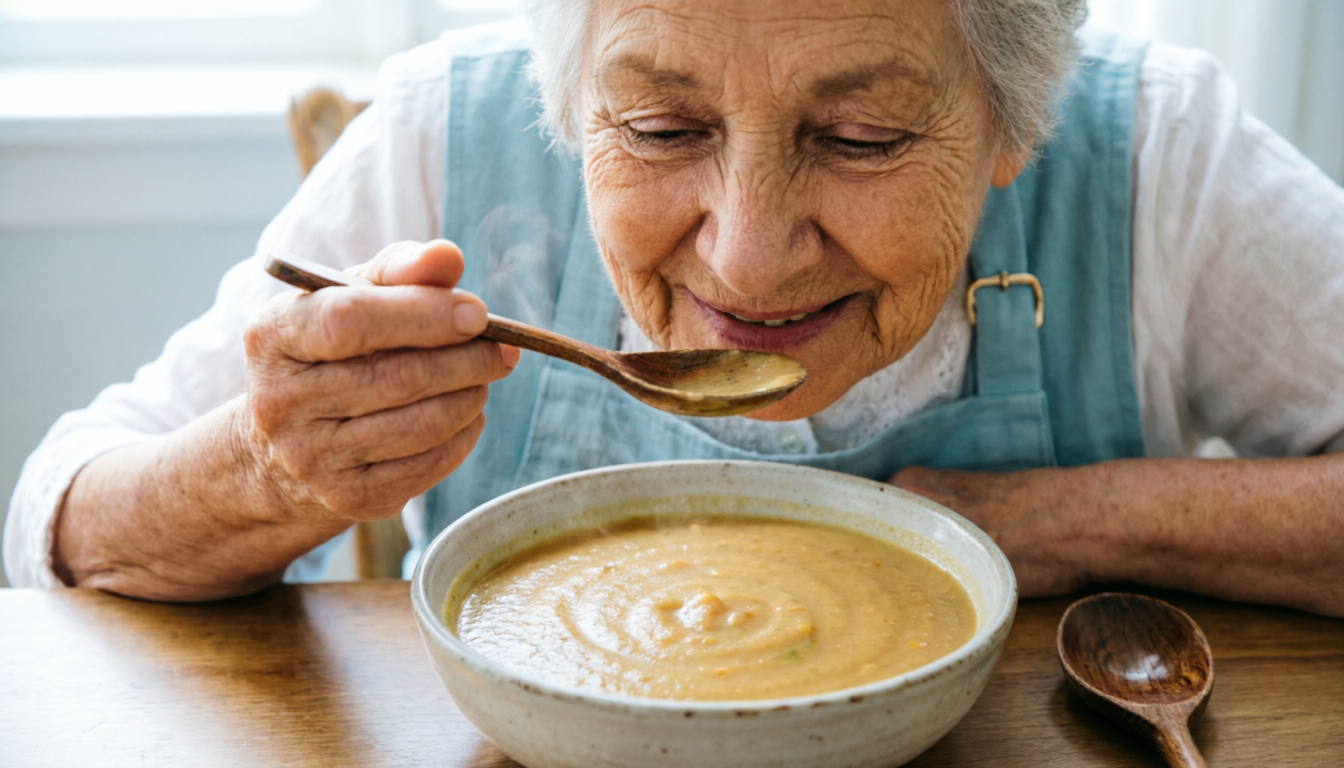 Бабушка кушает овощной суп-пюре.