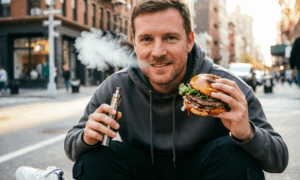 Молодой человек с вейпом и гамбургером в руках