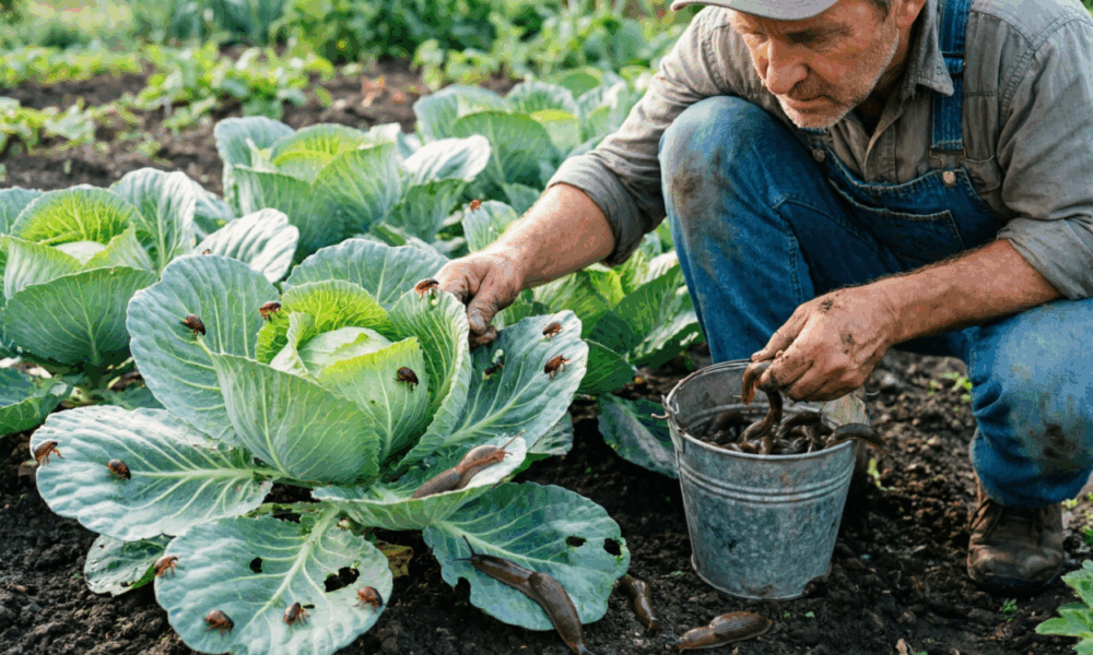 Фермер собирает слизней с капусты