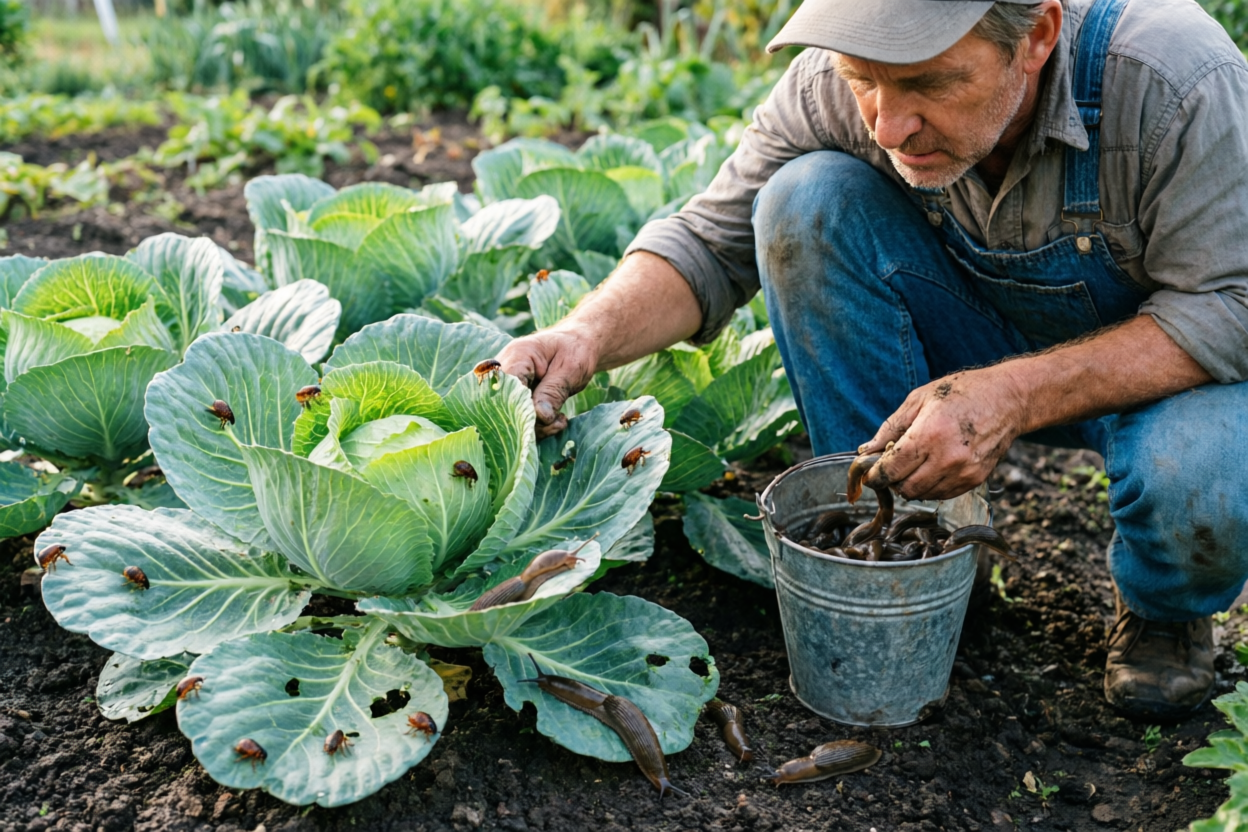 Фермер собирает слизней с капусты