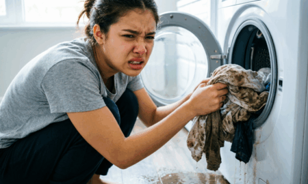 Женщина вытаскивает вещи из машинки