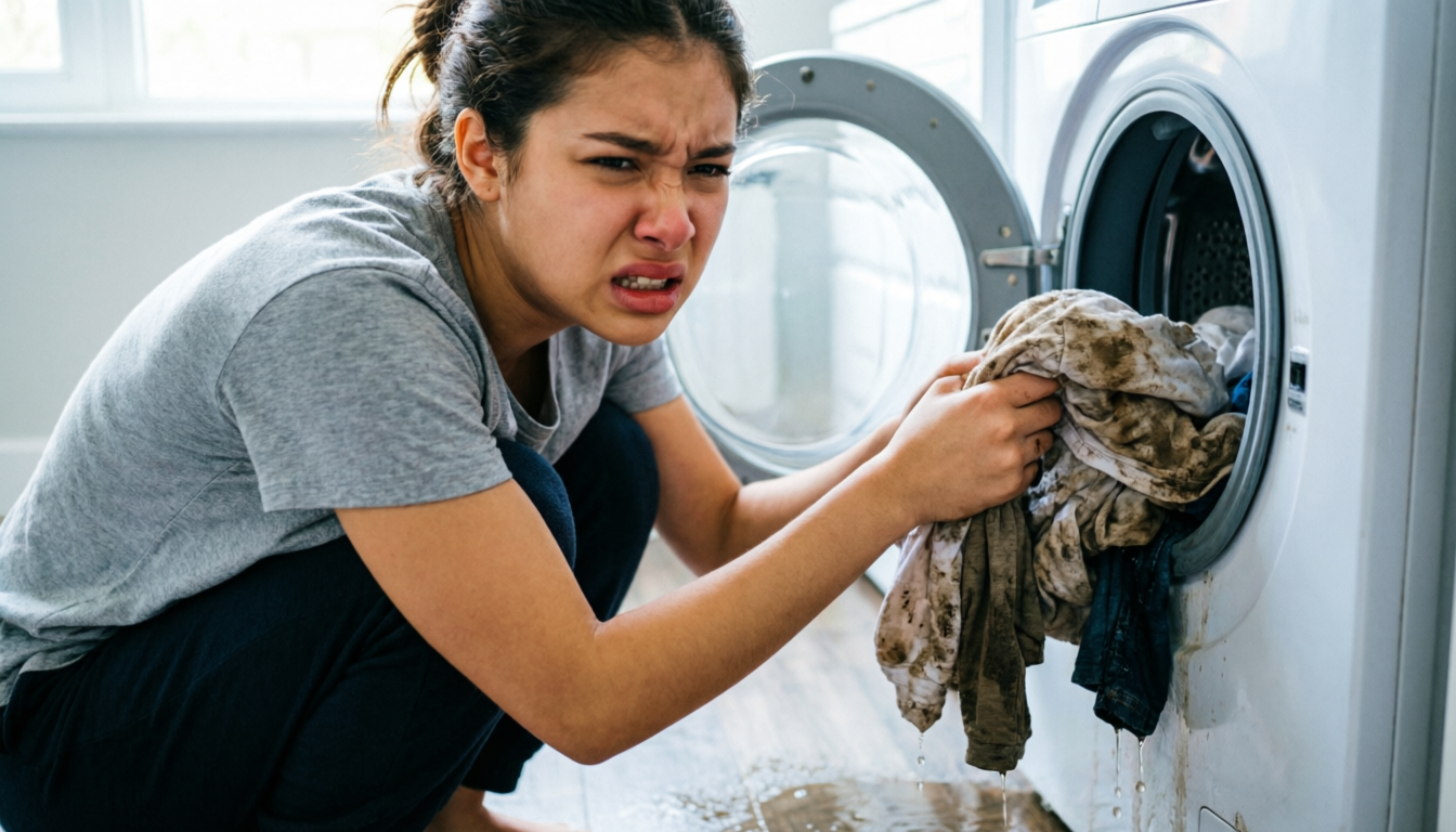 Женщина вытаскивает вещи из машинки