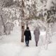 пара гуляет по заснеженному лесу