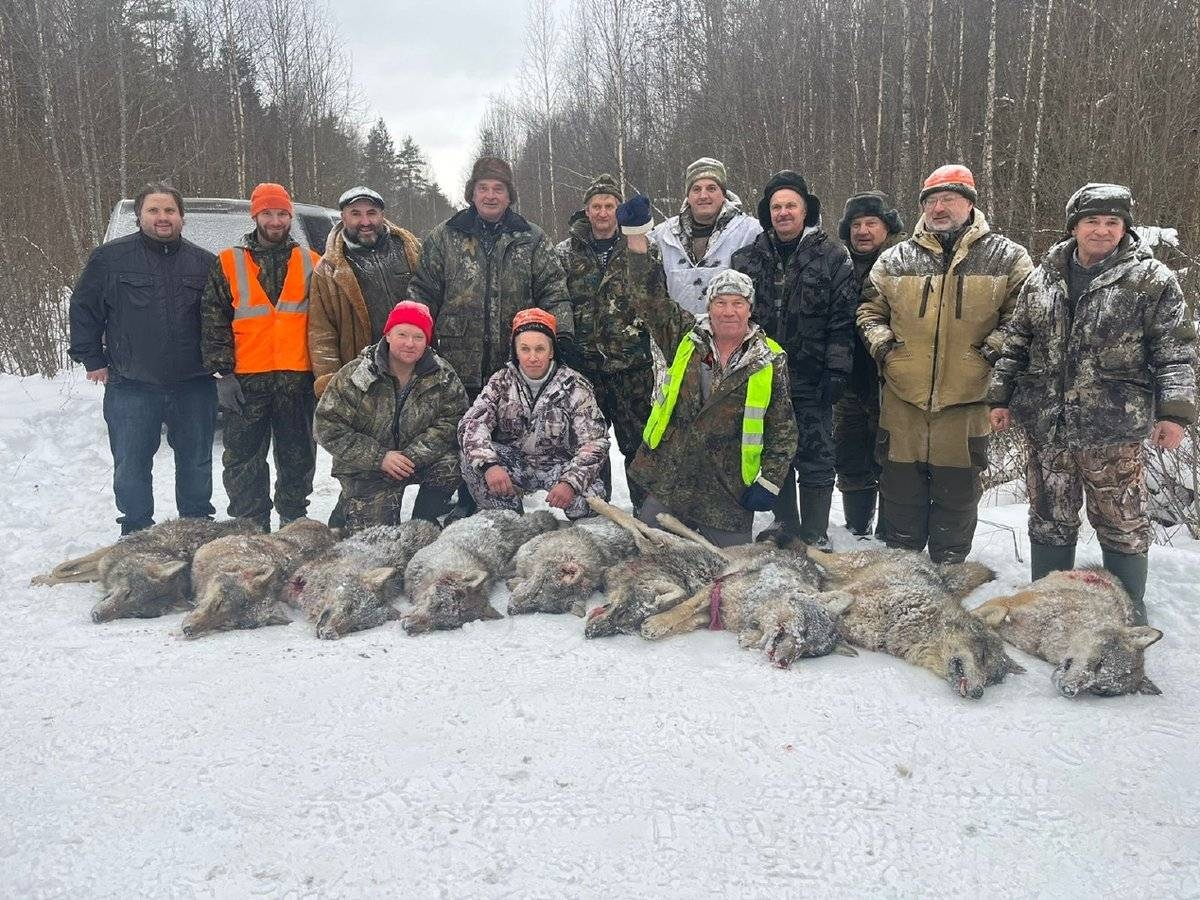 Охотники с добытыми волками