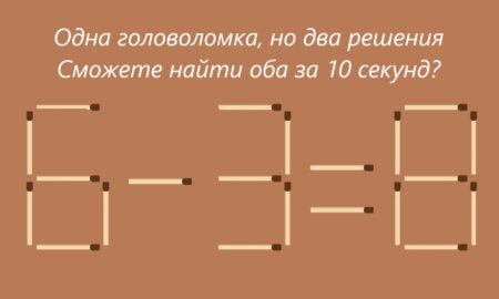 Текст "Одна головоломка, но два решения Сможете найти оба за 10 секунд?" и пример 6-3=8